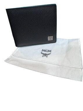 MCM Black Leather Bifold Wallet with Green Trim